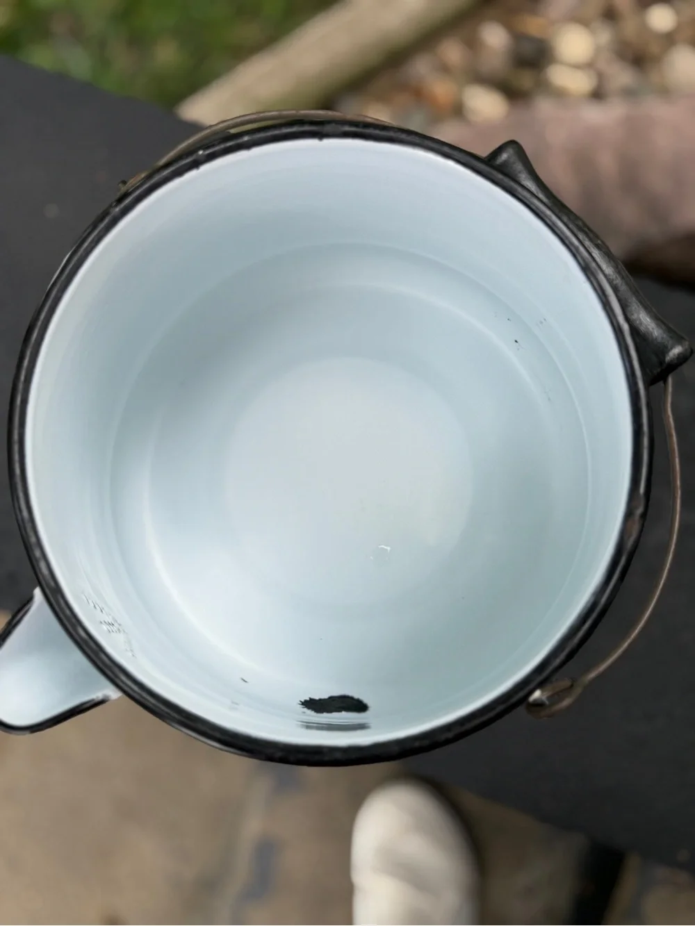 White Enamelware Coffee Pot with Black Trim